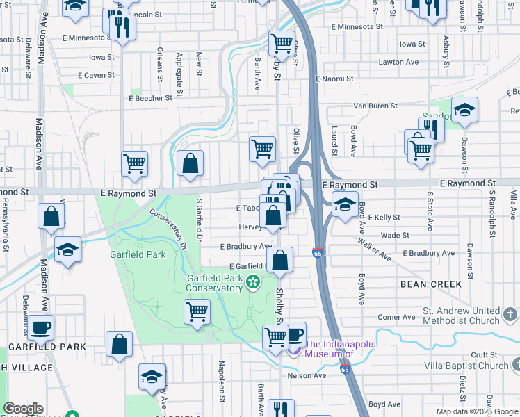 map of restaurants, bars, coffee shops, grocery stores, and more near 1046 East Tabor Street in Indianapolis