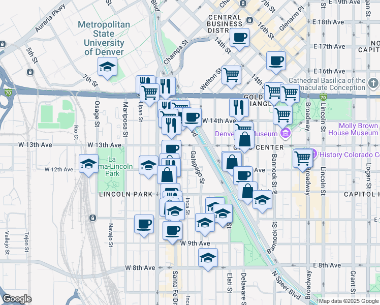 map of restaurants, bars, coffee shops, grocery stores, and more near 1255 Galapago Street in Denver