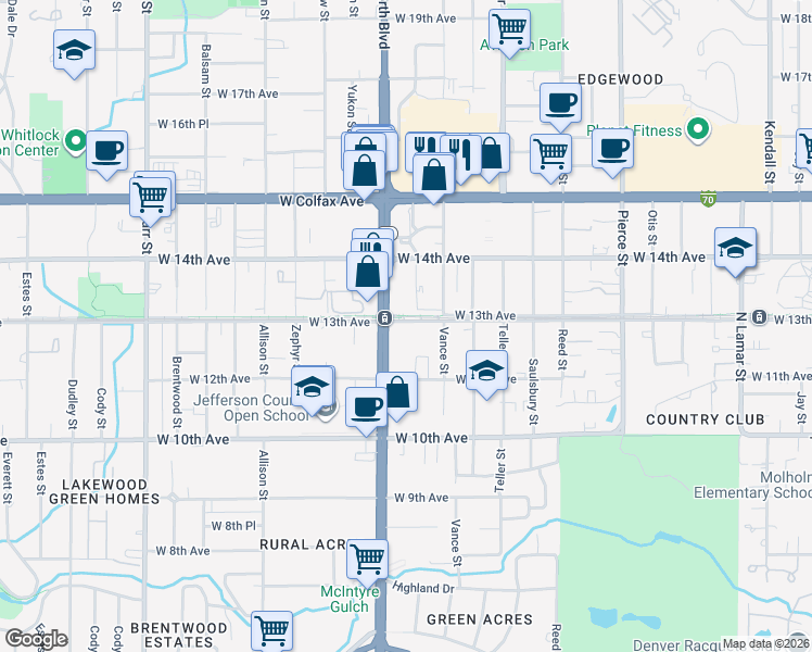 map of restaurants, bars, coffee shops, grocery stores, and more near 7532 West 13th Avenue in Denver