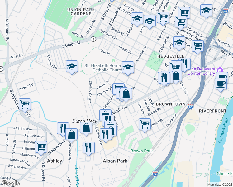 map of restaurants, bars, coffee shops, grocery stores, and more near 1501 Willis Place in Wilmington