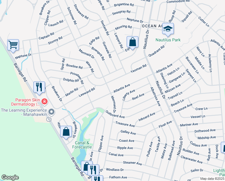 map of restaurants, bars, coffee shops, grocery stores, and more near 174 Atlantis Avenue in Stafford Township