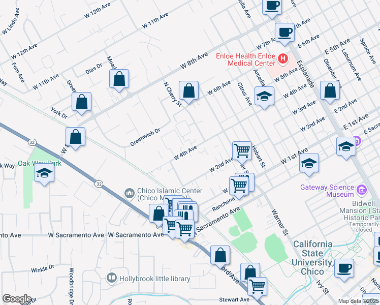 map of restaurants, bars, coffee shops, grocery stores, and more near 741 West 4th Avenue in Chico