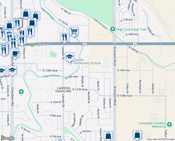 map of restaurants, bars, coffee shops, grocery stores, and more near 1281 Norfolk Street in Aurora