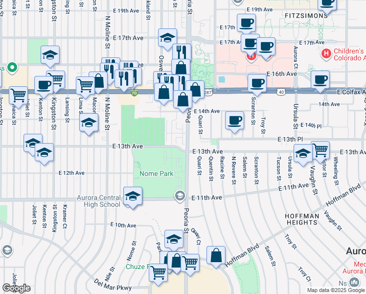 map of restaurants, bars, coffee shops, grocery stores, and more near 1305 Peoria Street in Aurora
