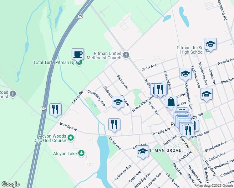 map of restaurants, bars, coffee shops, grocery stores, and more near 503 Elm Avenue in Pitman