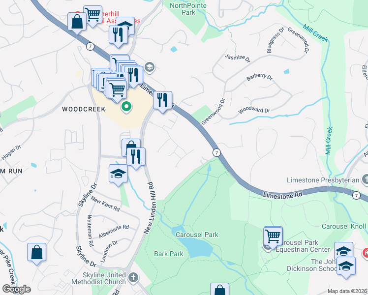 map of restaurants, bars, coffee shops, grocery stores, and more near 143 South Riding Boulevard in Wilmington
