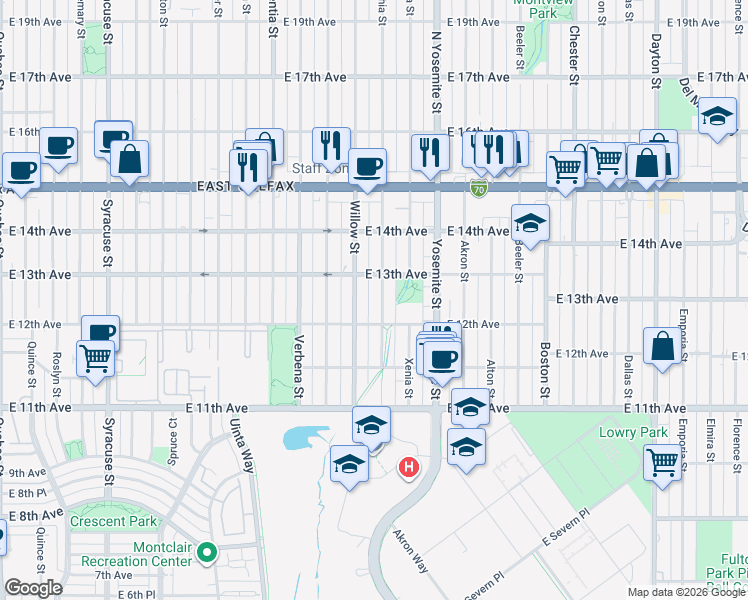 map of restaurants, bars, coffee shops, grocery stores, and more near 1241 Xanthia Street in Denver