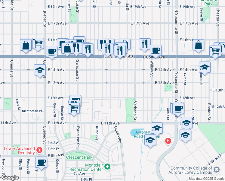 map of restaurants, bars, coffee shops, grocery stores, and more near 1240 Ulster Street in Denver