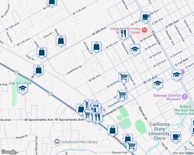 map of restaurants, bars, coffee shops, grocery stores, and more near 741 West 4th Avenue in Chico