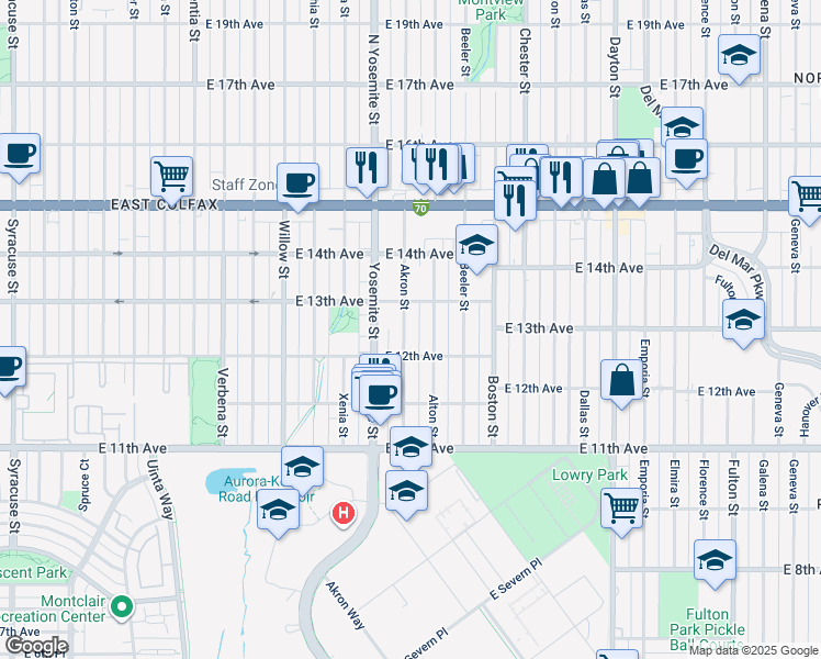 map of restaurants, bars, coffee shops, grocery stores, and more near 1244 Akron Street in Aurora