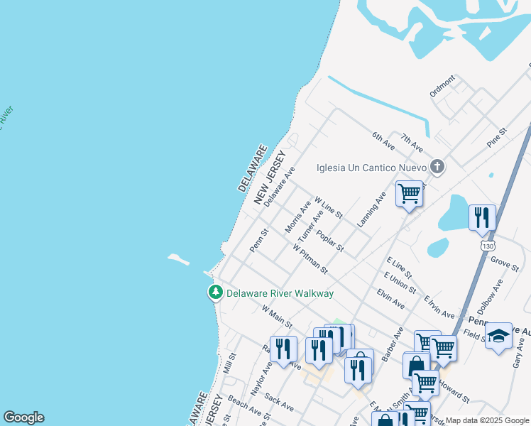 map of restaurants, bars, coffee shops, grocery stores, and more near 71 Delaware Avenue in Penns Grove