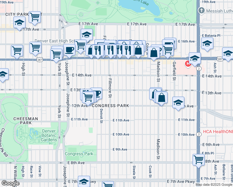 map of restaurants, bars, coffee shops, grocery stores, and more near 1265 Milwaukee Street in Denver