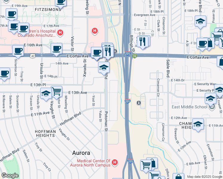 map of restaurants, bars, coffee shops, grocery stores, and more near 13712 East 13th Avenue in Aurora