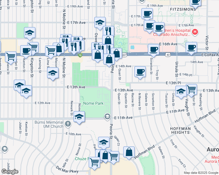map of restaurants, bars, coffee shops, grocery stores, and more near in Aurora