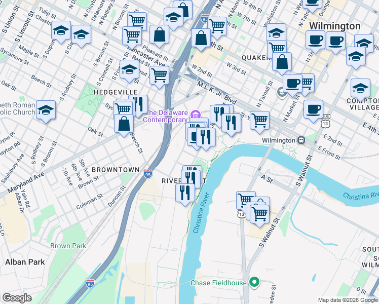 map of restaurants, bars, coffee shops, grocery stores, and more near 617 Harlan Boulevard in Wilmington