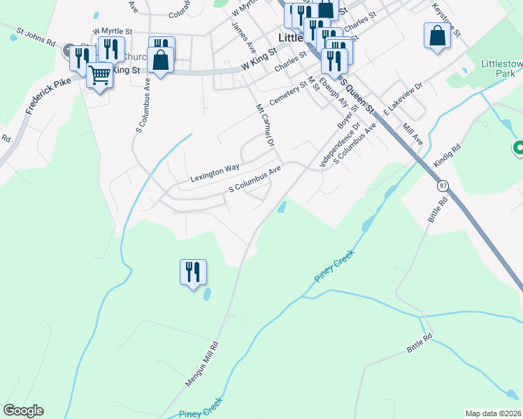 map of restaurants, bars, coffee shops, grocery stores, and more near 34 Shenandoah Court in Littlestown