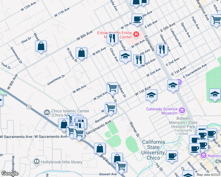 map of restaurants, bars, coffee shops, grocery stores, and more near 544 West 2nd Avenue in Chico