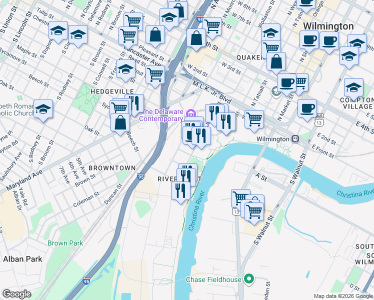 map of restaurants, bars, coffee shops, grocery stores, and more near 331 Justison Street in Wilmington