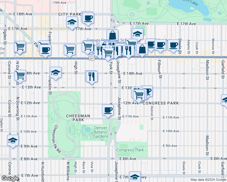 map of restaurants, bars, coffee shops, grocery stores, and more near 1260 York Street in Denver