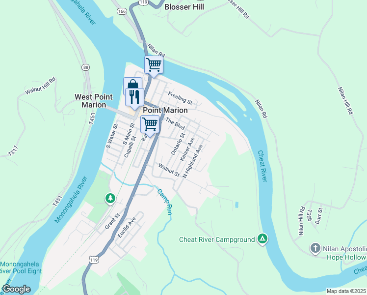 map of restaurants, bars, coffee shops, grocery stores, and more near 300 Union Street in Point Marion