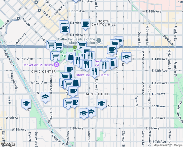 map of restaurants, bars, coffee shops, grocery stores, and more near 1264 Grant Street in Denver