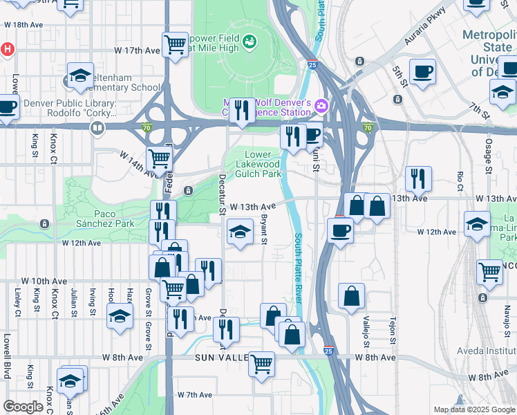 map of restaurants, bars, coffee shops, grocery stores, and more near 2630 13th Avenue in Denver