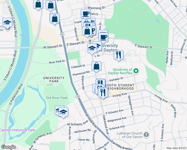 map of restaurants, bars, coffee shops, grocery stores, and more near 1651 Brown Street in Dayton