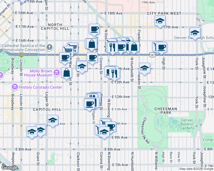 map of restaurants, bars, coffee shops, grocery stores, and more near in Denver