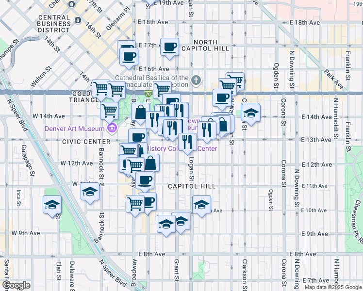 map of restaurants, bars, coffee shops, grocery stores, and more near 1264 Grant Street in Denver