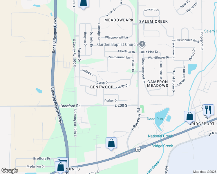 map of restaurants, bars, coffee shops, grocery stores, and more near 10766 Emery Drive in Indianapolis