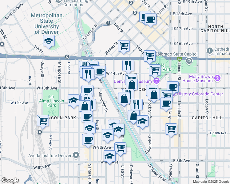 map of restaurants, bars, coffee shops, grocery stores, and more near 1244 Speer Boulevard in Denver