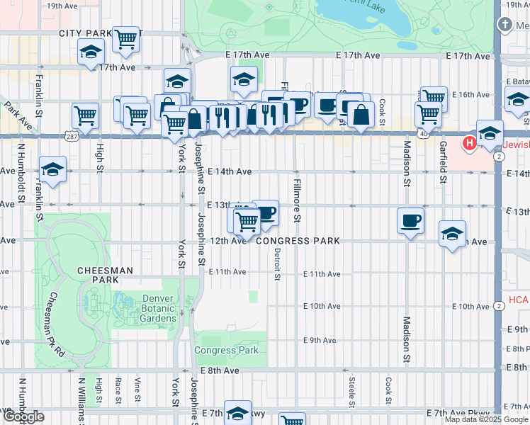 map of restaurants, bars, coffee shops, grocery stores, and more near 1280 Clayton Street in Denver