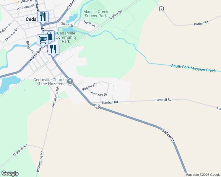 map of restaurants, bars, coffee shops, grocery stores, and more near 289 Ardmore Dr in Cedarville