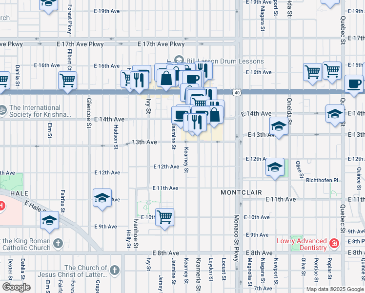 map of restaurants, bars, coffee shops, grocery stores, and more near 1275 Kearney Street in Denver