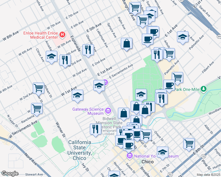 map of restaurants, bars, coffee shops, grocery stores, and more near 179 East Washington Avenue in Chico