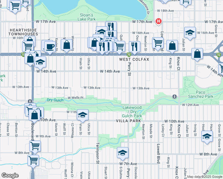 map of restaurants, bars, coffee shops, grocery stores, and more near 1297 Raleigh Street in Denver