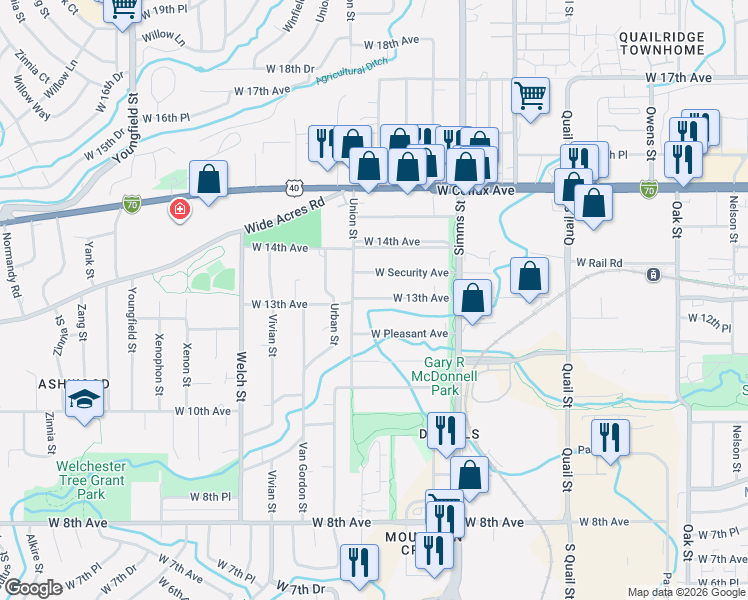 map of restaurants, bars, coffee shops, grocery stores, and more near 11920 West 13th Avenue in Golden