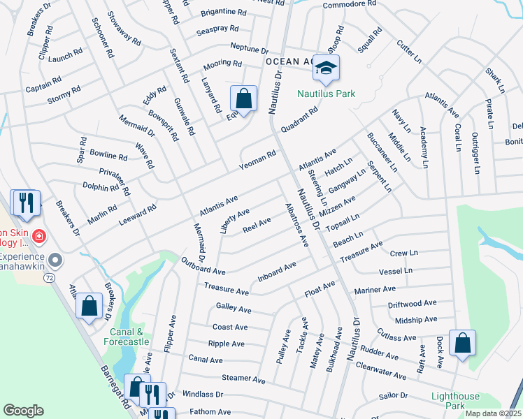 map of restaurants, bars, coffee shops, grocery stores, and more near 175 Liberty Avenue in Stafford Township