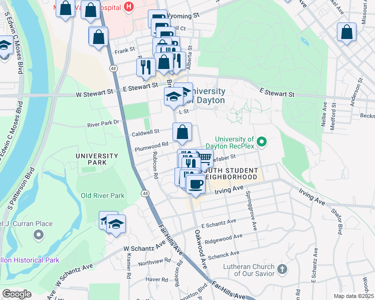map of restaurants, bars, coffee shops, grocery stores, and more near 230 Stonemill Rd in Dayton