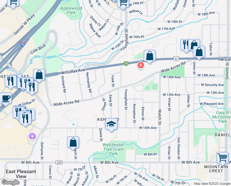 map of restaurants, bars, coffee shops, grocery stores, and more near 1225 Yank Street in Golden