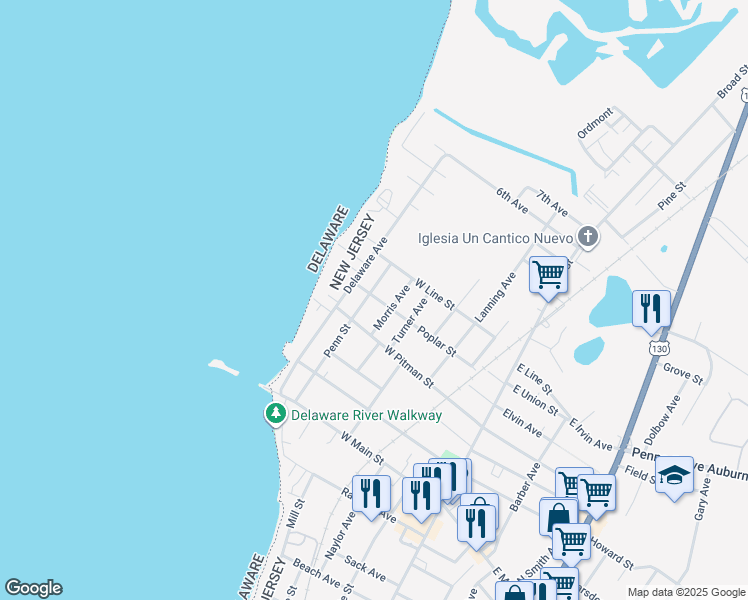 map of restaurants, bars, coffee shops, grocery stores, and more near 101 Penn Street in Penns Grove