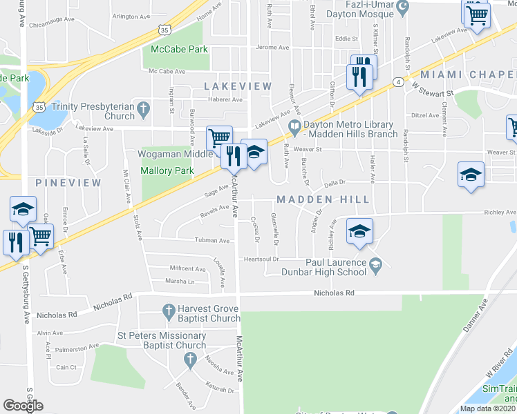 map of restaurants, bars, coffee shops, grocery stores, and more near 1108 Crocus Drive in Dayton