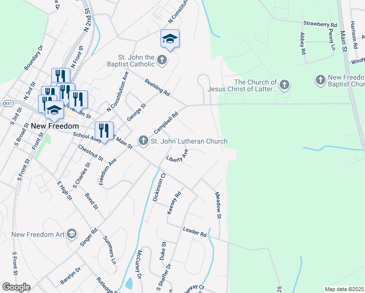 map of restaurants, bars, coffee shops, grocery stores, and more near 7 Liberty Avenue in New Freedom
