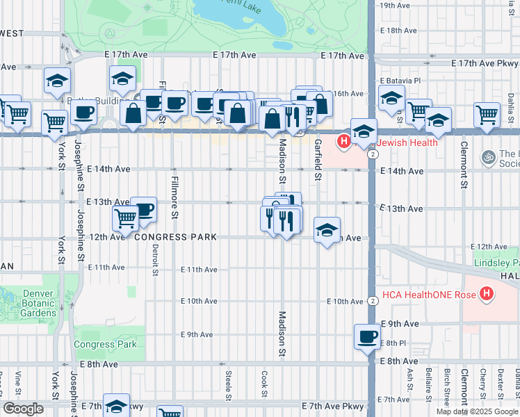 map of restaurants, bars, coffee shops, grocery stores, and more near 1273 Cook Street in Denver