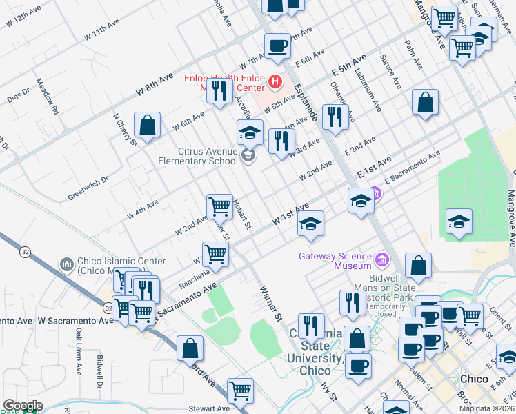 map of restaurants, bars, coffee shops, grocery stores, and more near 1161 Citrus Avenue in Chico
