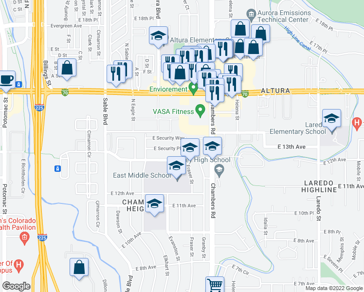 map of restaurants, bars, coffee shops, grocery stores, and more near 15057 East Security Place in Aurora