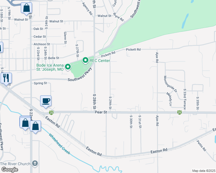 map of restaurants, bars, coffee shops, grocery stores, and more near 3010 South 29th Street in Saint Joseph