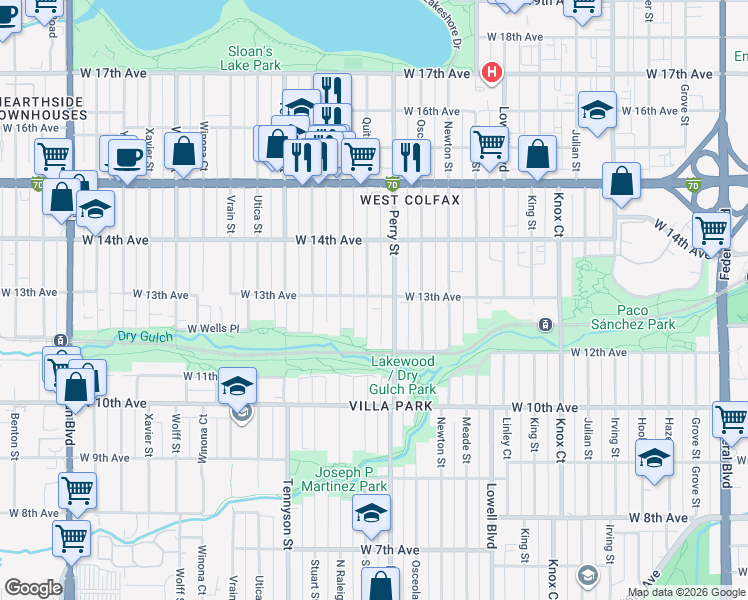 map of restaurants, bars, coffee shops, grocery stores, and more near 1295 Quitman Street in Denver