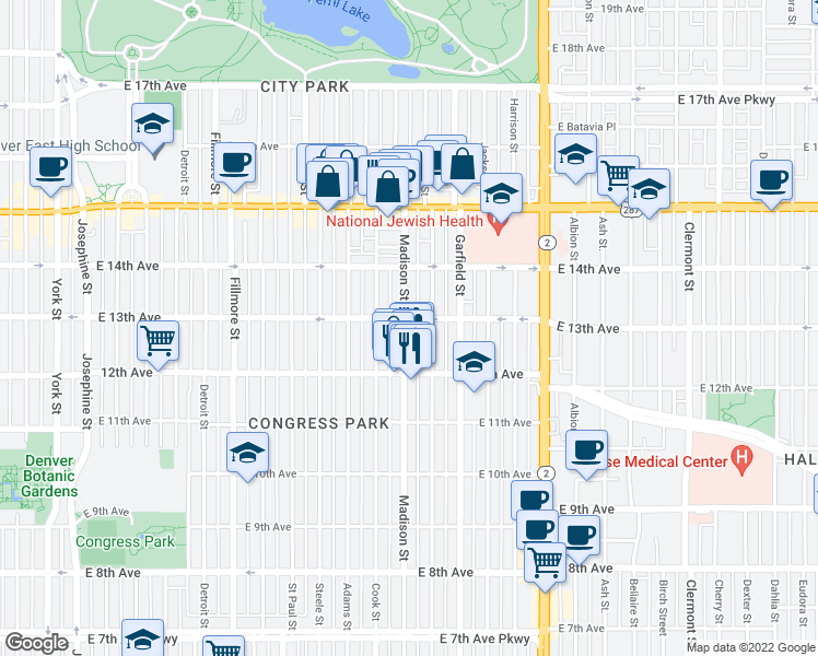map of restaurants, bars, coffee shops, grocery stores, and more near 1286 Madison Street in Denver