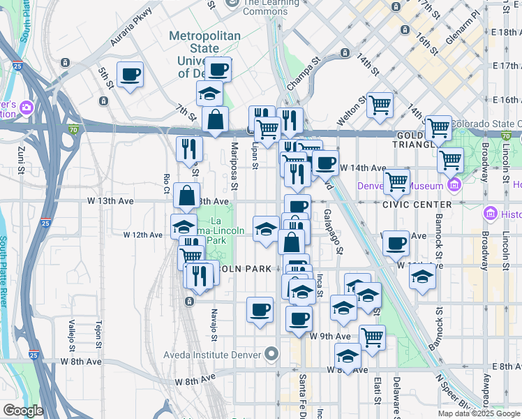 map of restaurants, bars, coffee shops, grocery stores, and more near 1264 Lipan St in Denver